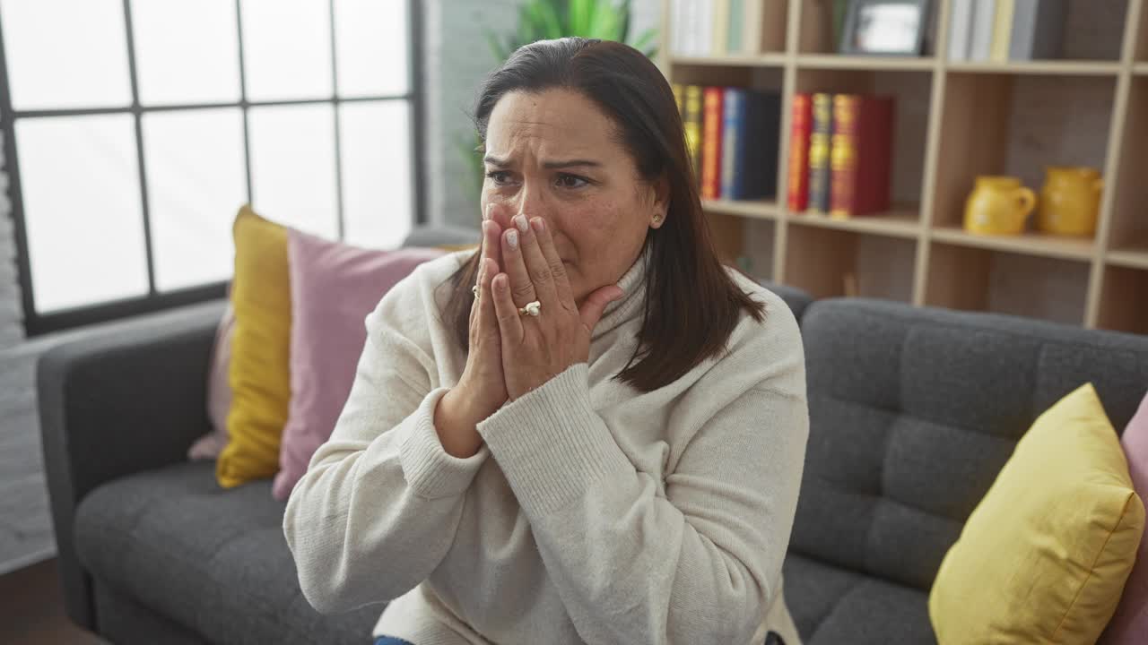 一个成熟的西班牙女人痛苦地坐在明亮的客厅里的沙发上。视频素材