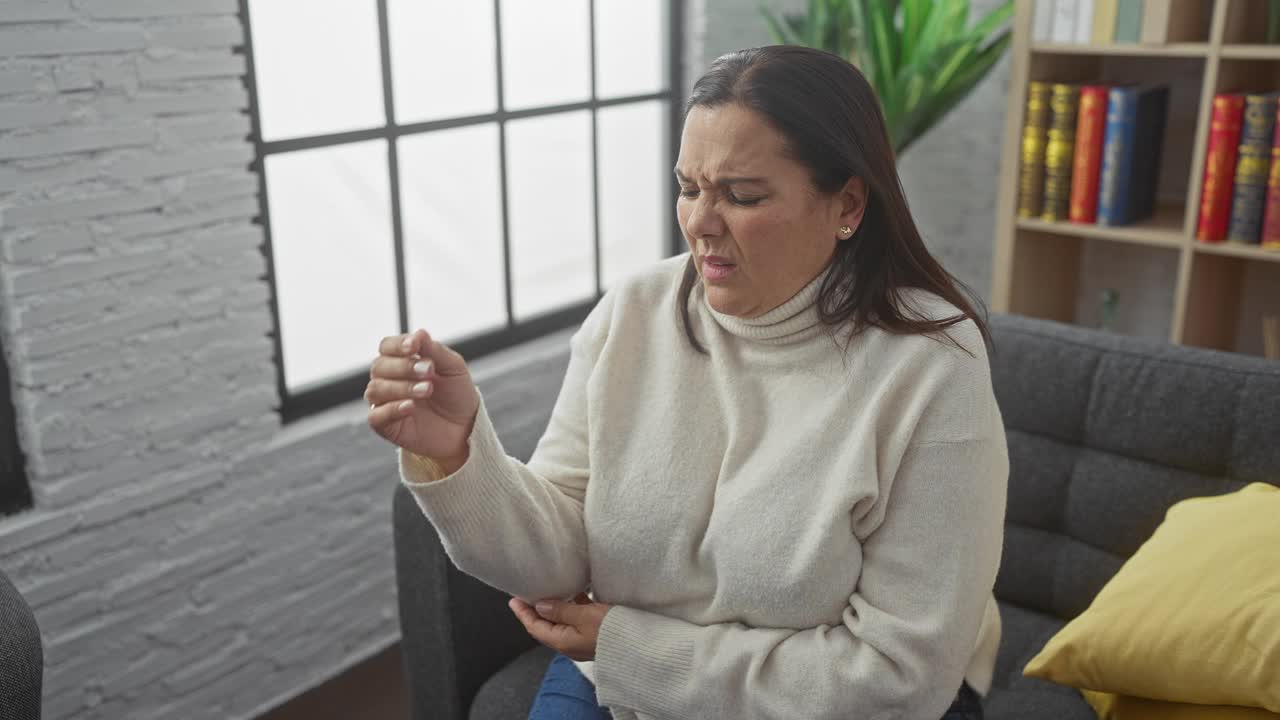 一个痛苦的女人坐在现代客厅里，痛苦地抓着自己的手臂，体现了对健康和家庭生活的担忧。视频素材