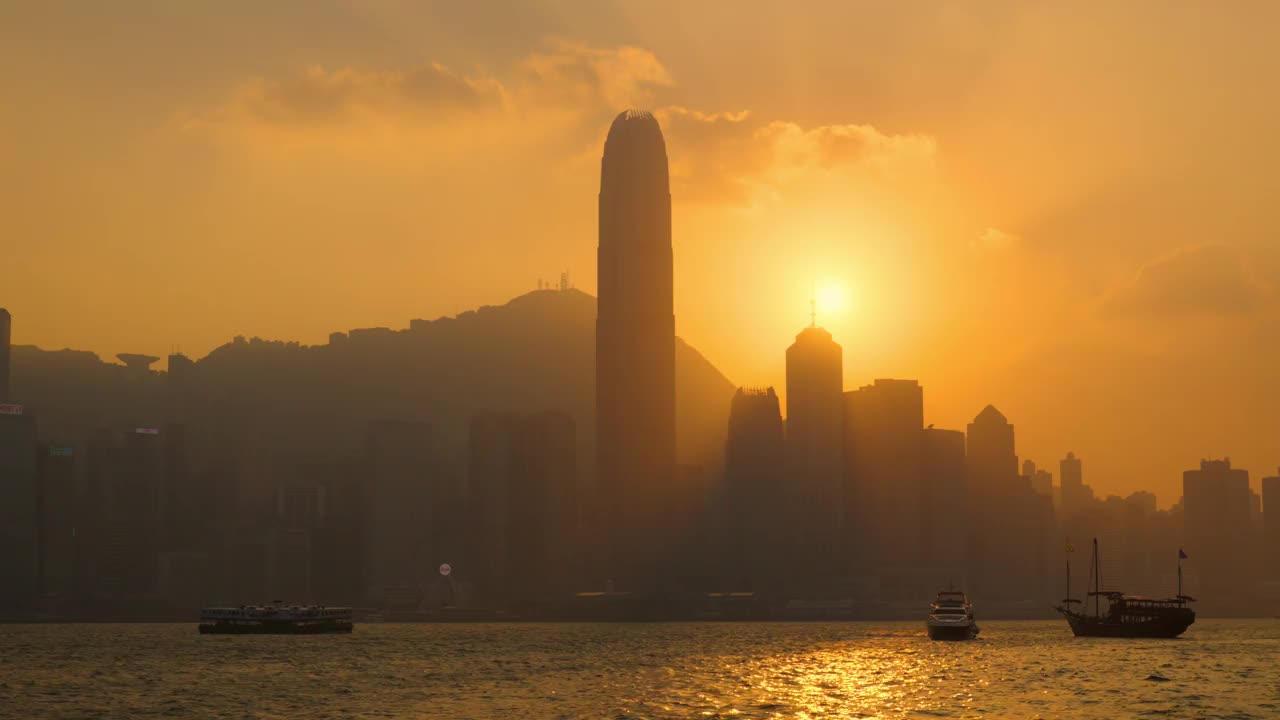 日落时分的香港城市景观摩天大楼视频下载