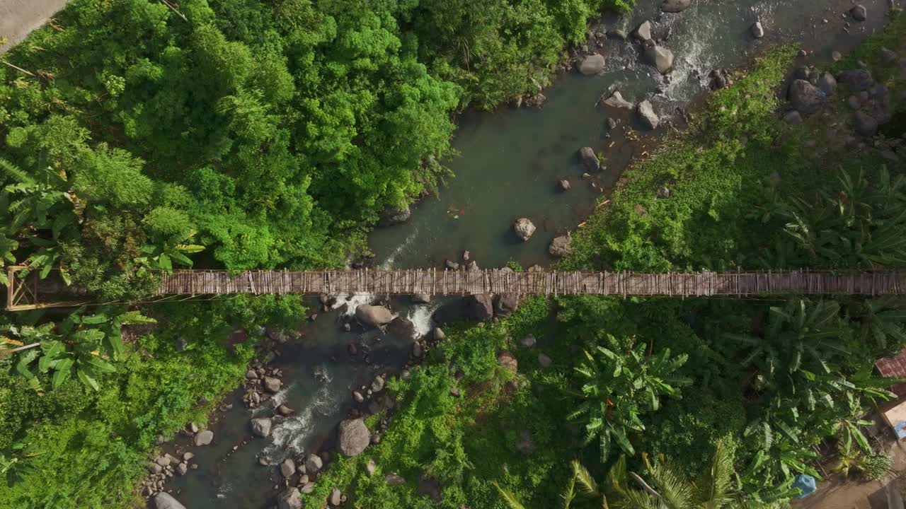 印尼热带森林鸟瞰图，有桥梁和河流。视频素材