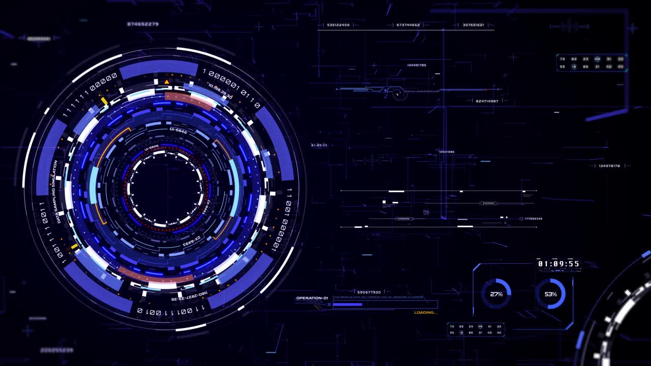 HUD未来旋转圈十字准星元素与数字数据，图表为业务发展，游戏，技术运动4K运动视频下载