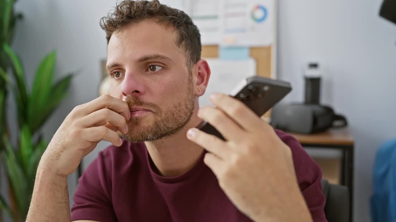 留胡子的年轻西班牙人在现代办公室里打电话，看起来很困惑。视频素材