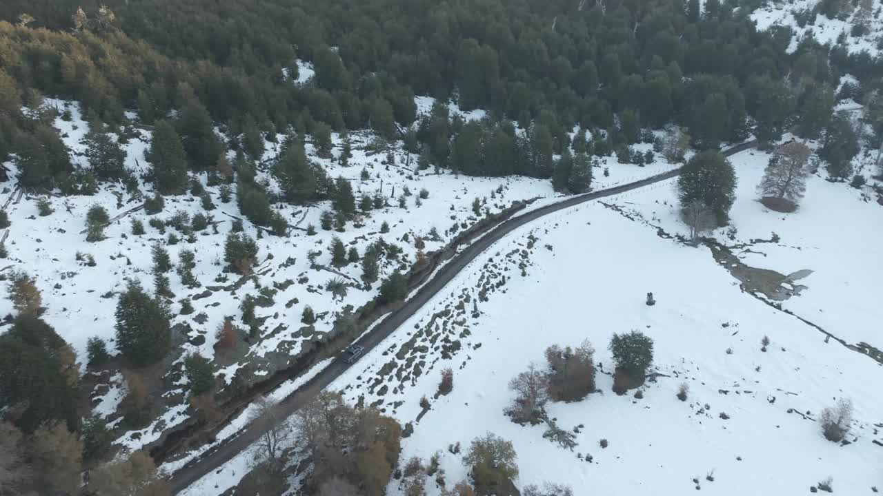 小货车驶过巴塔哥尼亚安第斯山脉的秋天森林视频下载