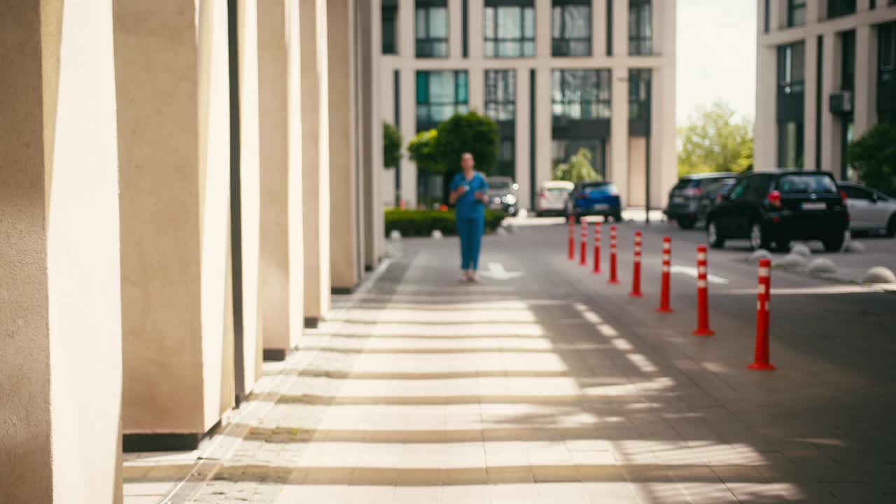 中年女医生的肖像微笑自信地走在城市的街道上视频素材