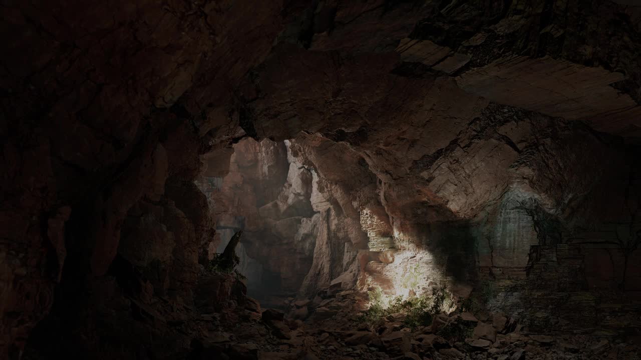 一个黑暗而崎岖的洞穴，充满了天然岩层和泥土的纹理视频素材