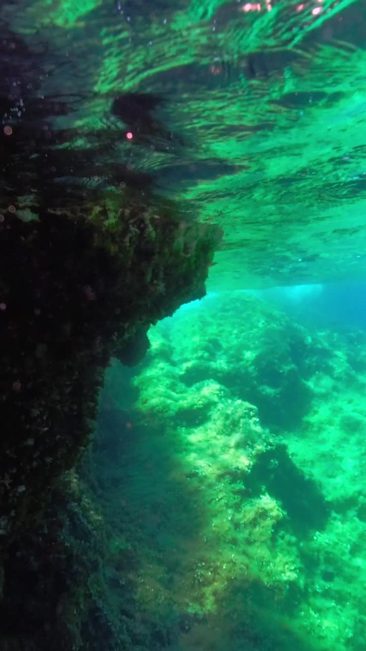 在亚得里亚海的水下在一个阳光明媚的夏天靠近克罗地亚岛岩石海岸。垂直视频视频素材