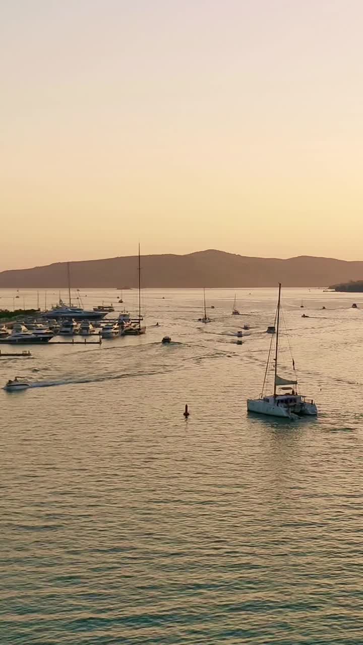 在一个阳光明媚的夏日傍晚，日落时的海景。垂直视频视频素材