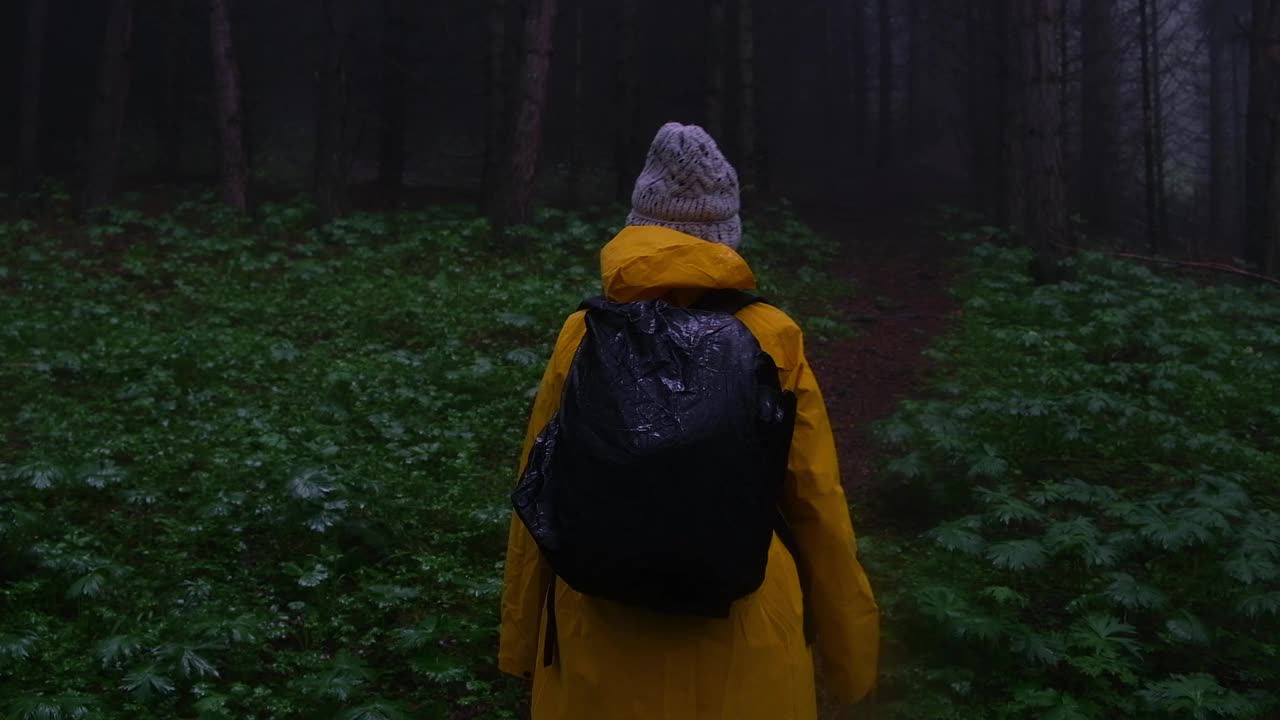 一个女人或女孩在雨中带着她的柯基犬走在多山、多雾和大气的春林中。视频下载