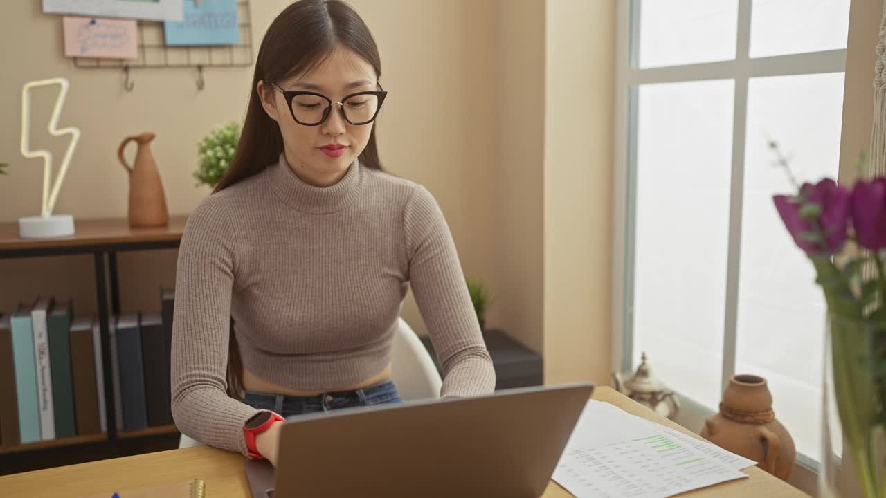 年轻的亚洲女人微笑着摘下眼镜，在一个现代化的家庭办公室里拿着一台笔记本电脑视频素材