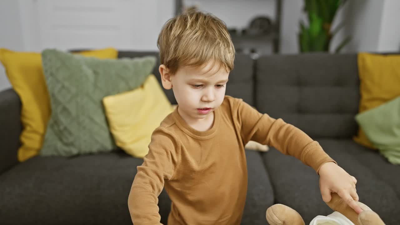 一个蹒跚学步的男孩穿着舒适的家装，探索着现代室内客厅沙发的软垫角落，沙发周围是五颜六色的枕头。视频素材