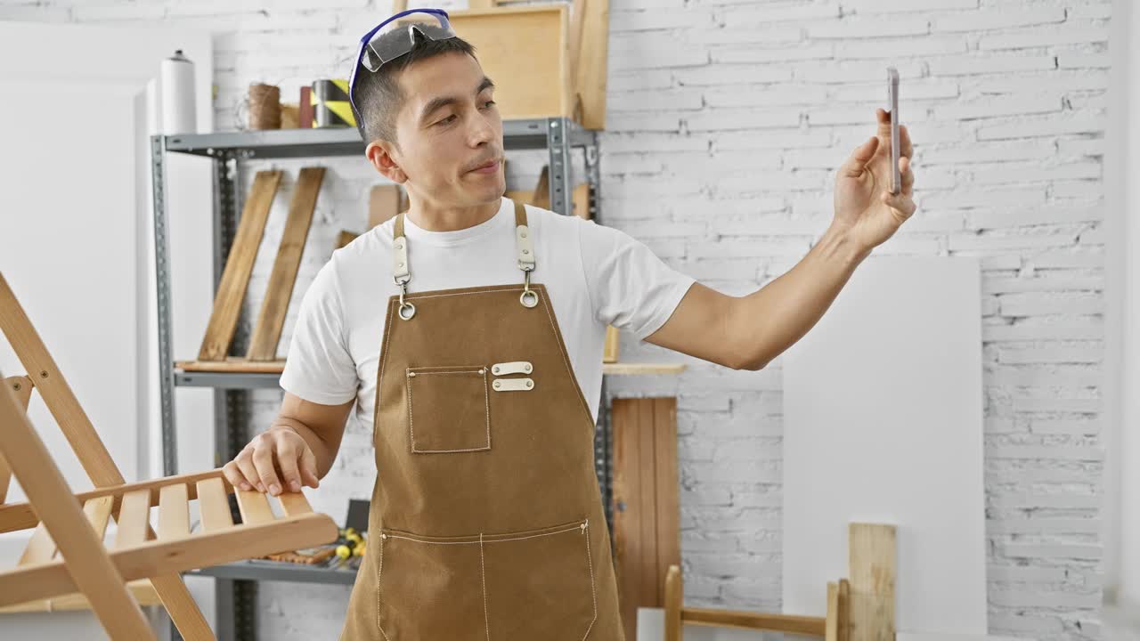 在一个光线充足的木工工作室里，车间里一位年轻的西班牙裔男子戴着棕色围裙和安全眼镜，拿着一个木制框架。视频素材