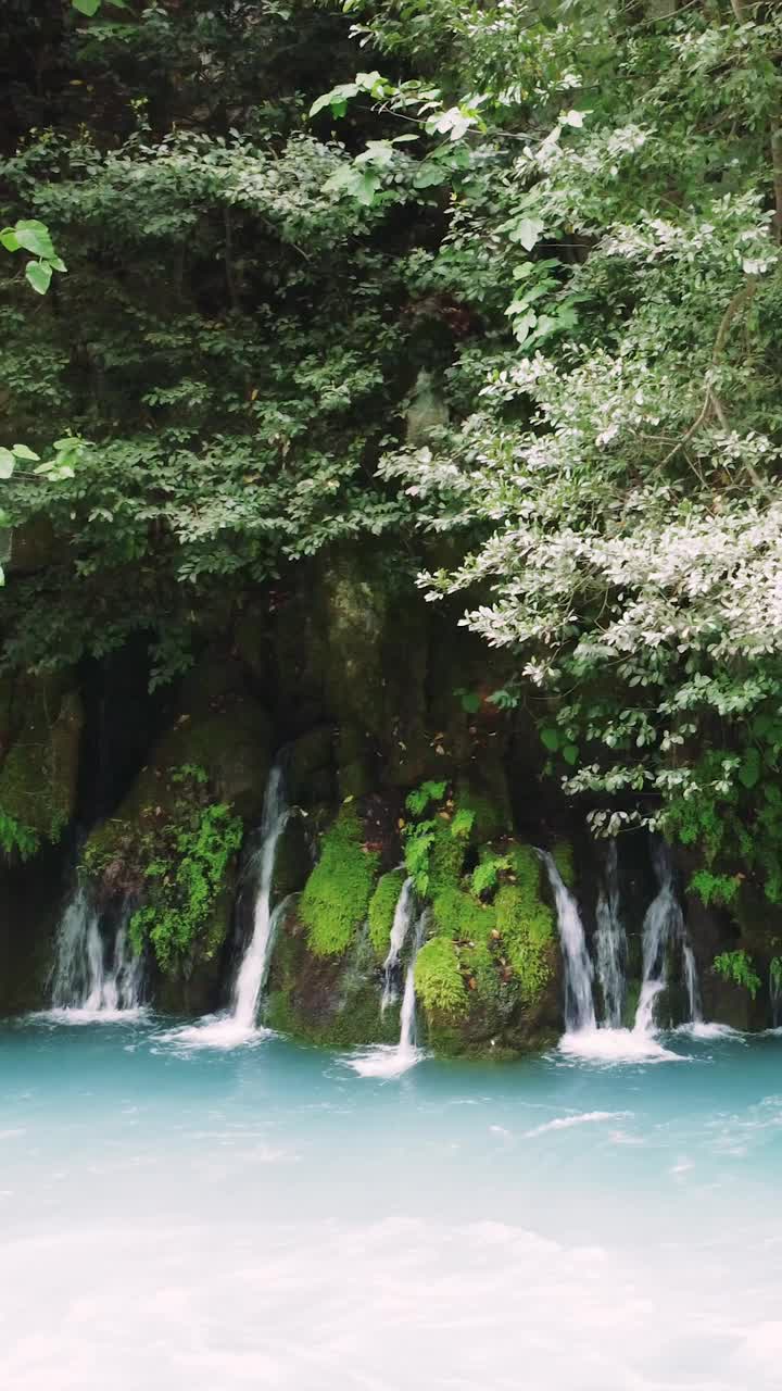 宁静的小瀑布流入清澈的绿松石山河，周围是郁郁葱葱的绿色森林，在宁静的下午视频素材