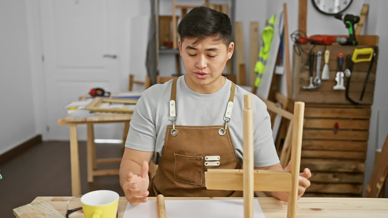 一个亚洲人在明亮的车间里聚精会神地组装木制家具。视频素材