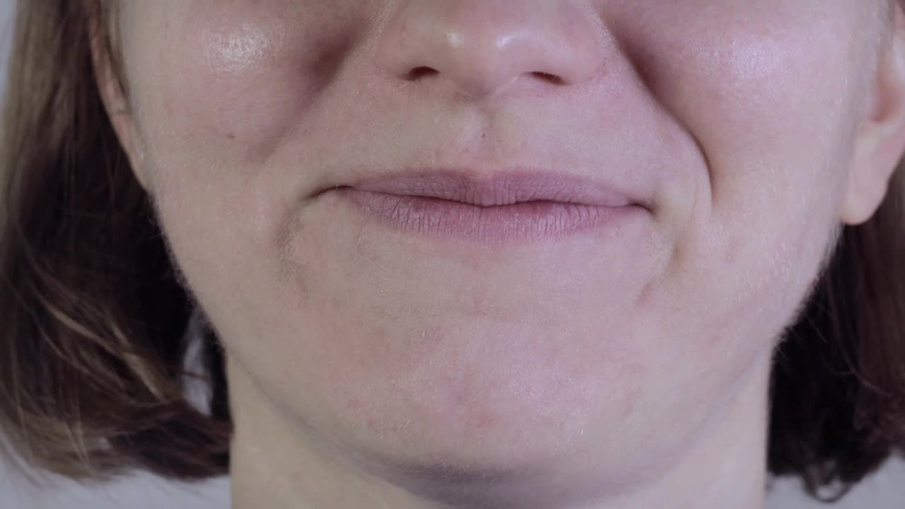 女人露出了牙齿。近一点，女人的嘴和嘴唇。4 k。视频下载