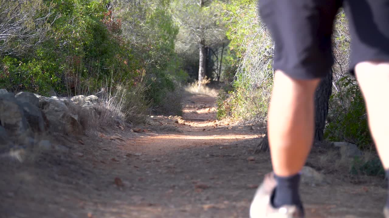 强壮的徒步旅行者在森林的小路上行走视频素材