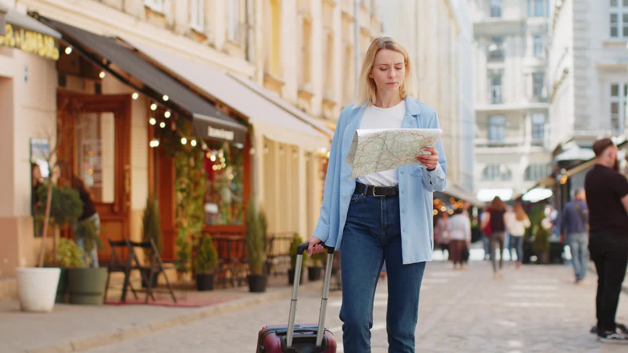 女游客带着旅行箱探索，检查纸质地图，在旅行中寻找道路方向视频素材