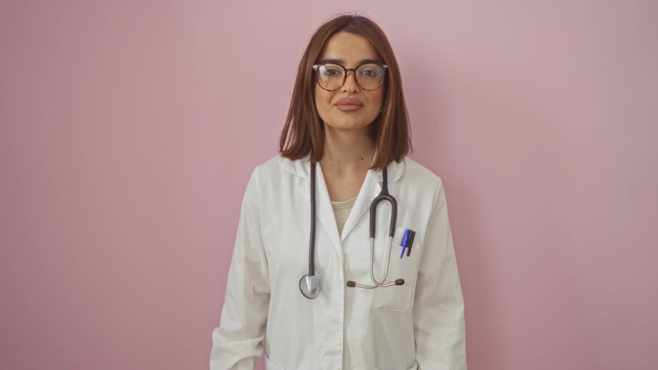 年轻的西班牙裔女子穿着医生制服，微笑着快乐而积极，拇指向上，在孤立的粉红色背景上做着认可的标志视频素材