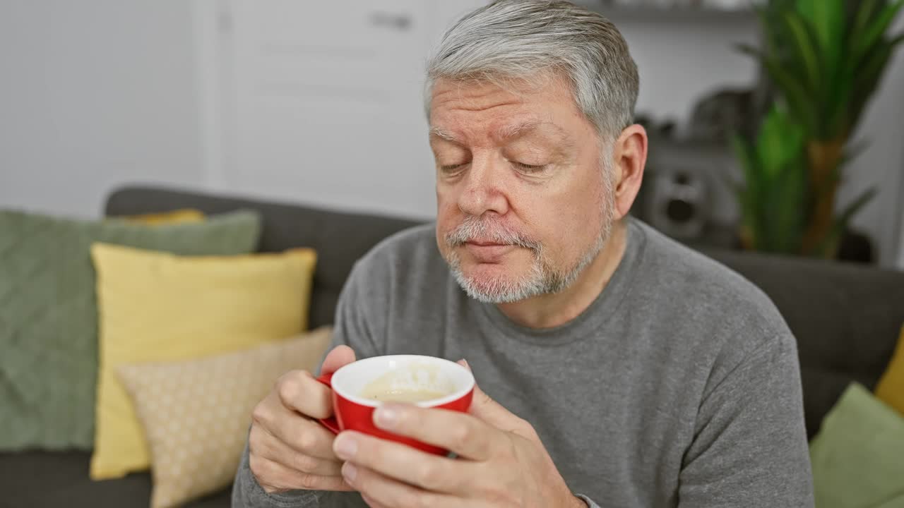 白发苍苍的成熟男人在家里喝咖啡，在舒适的客厅里端着红杯子摆姿势。视频素材