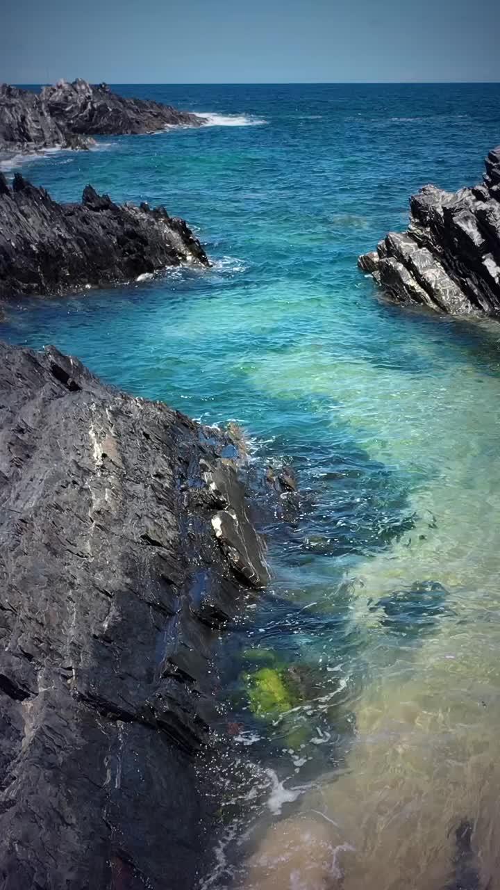 海滩上的海浪，沙滩和岩石，镜头缓慢向前移动视频素材