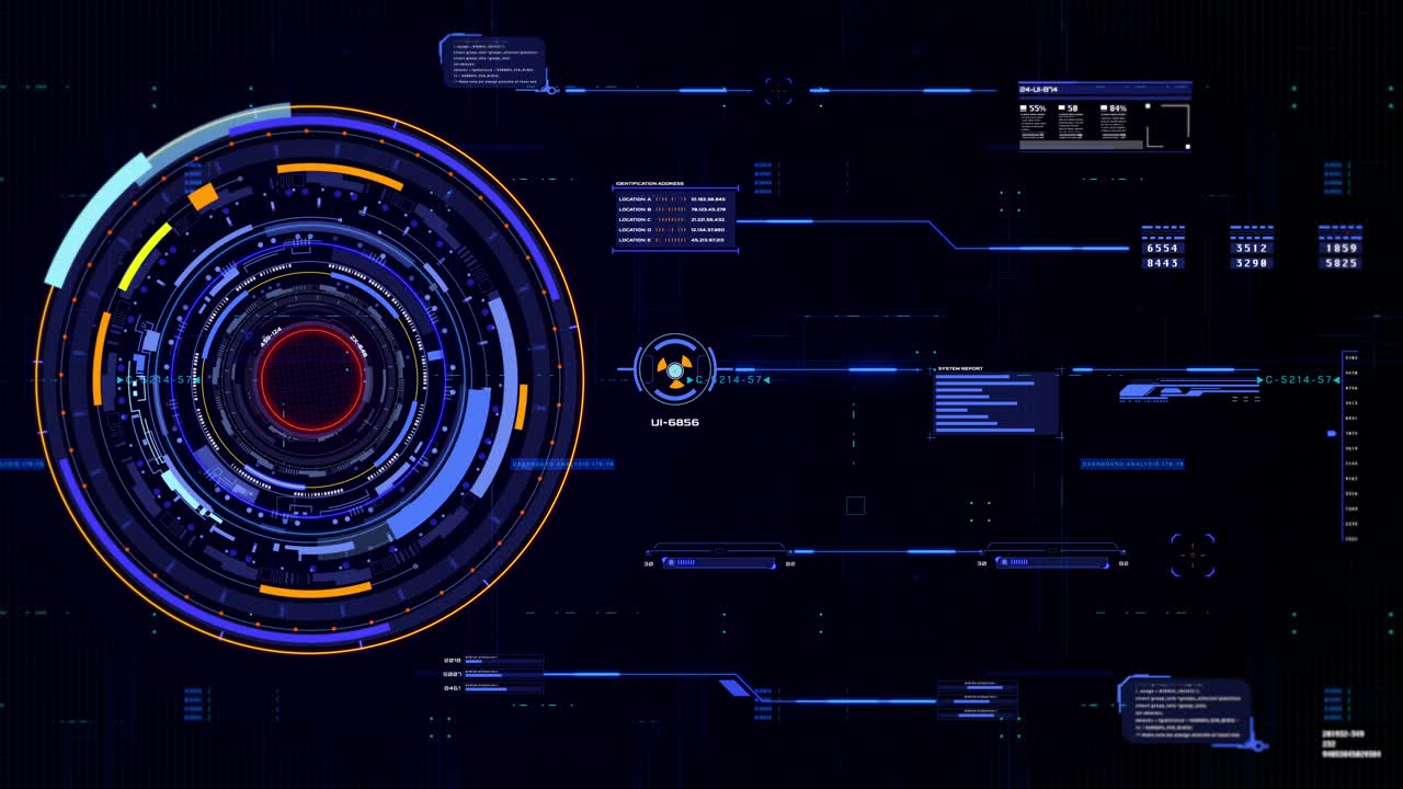 技术HUD旋转元件。未来的几何形状旋转和通信显示游戏，信息图表，商业4K运动视频下载