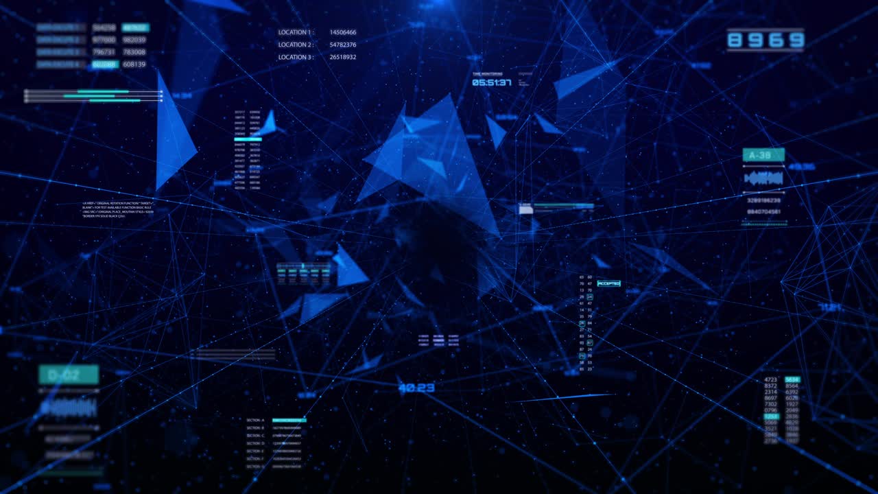 HUD未来旋转圈十字准星元素与数字数据，图表为业务发展，游戏，技术运动4K运动视频下载