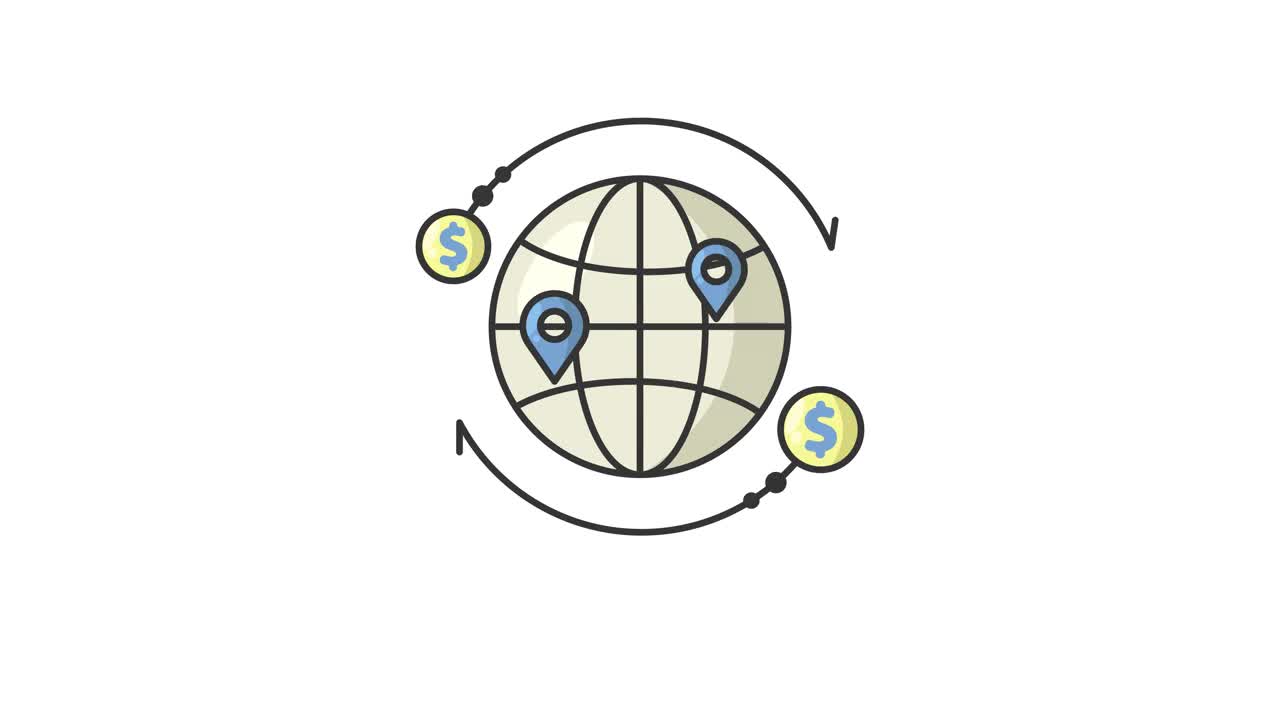 全球商业图标动画，全球钱针位置平面图标的商业动画视频视频下载