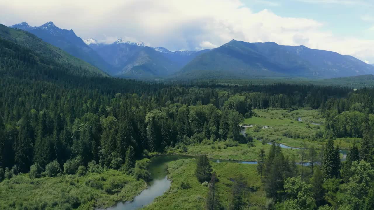 一条宁静的河流平静地流过雄伟山脉内郁郁葱葱的森林视频素材