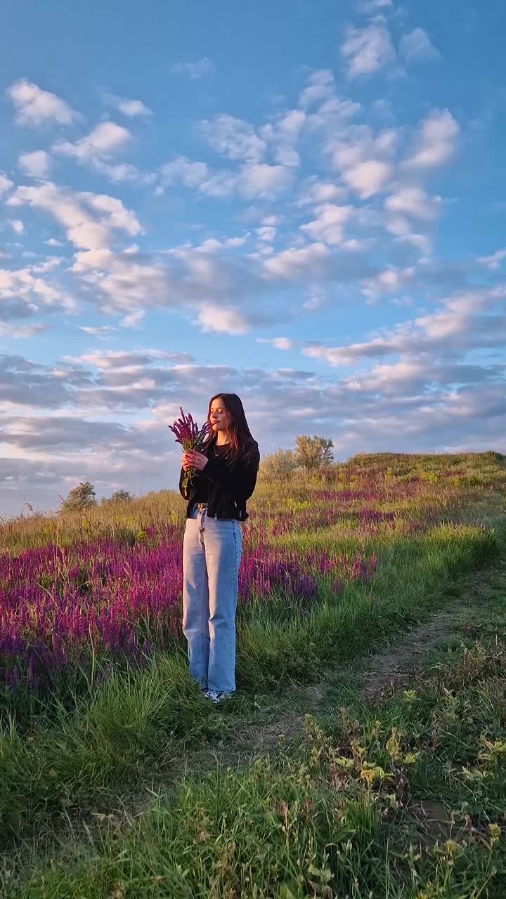 与大自然和谐相处的年轻女子，在紫色的鼠尾草草地上，闻着一束巴尔干山楂和野生鼠尾草。快乐的女性在荒野中感到自由视频素材