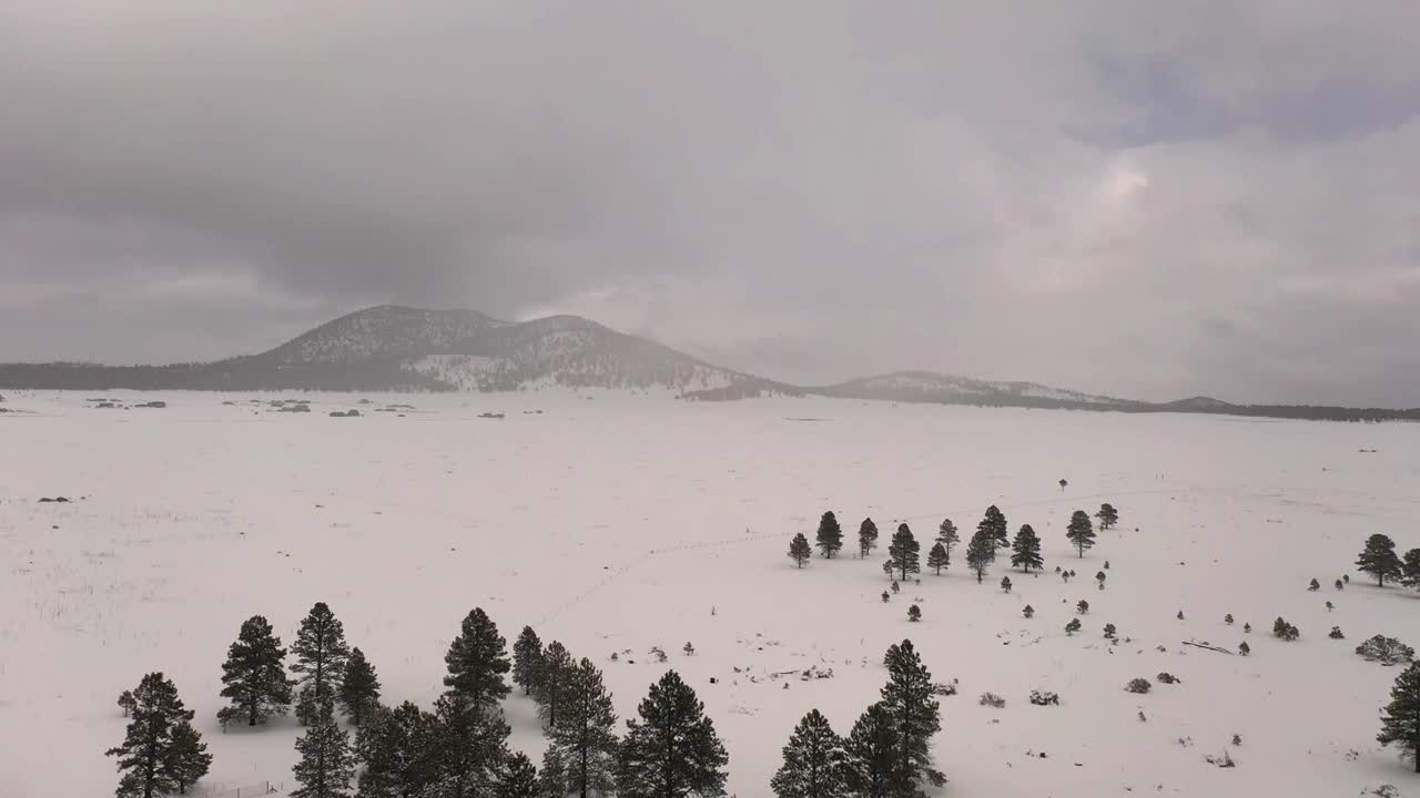 飞过一片白雪覆盖的田野，远处是亚利桑那州北部的雪山视频下载