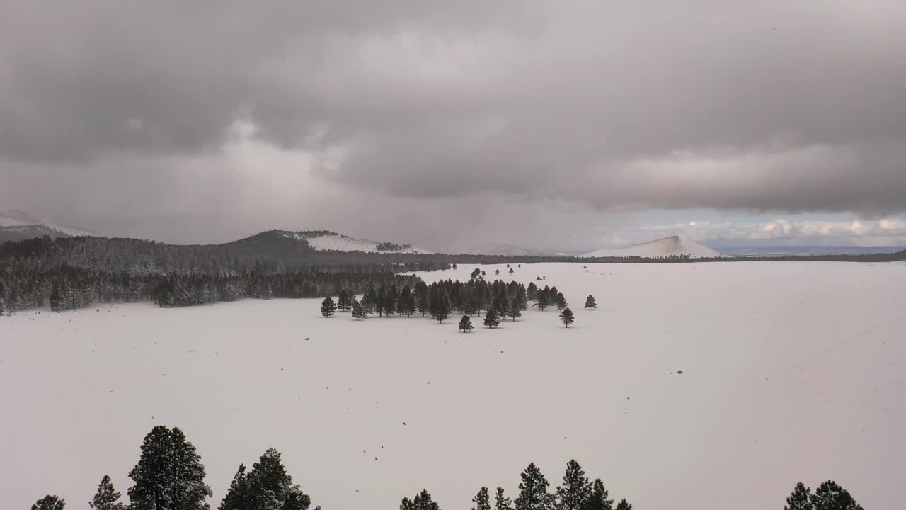 飞过一片白雪覆盖的田野，远处是亚利桑那州北部的雪山视频下载