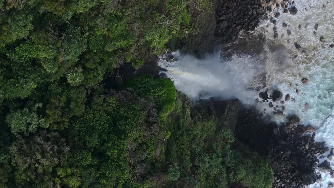 郁郁葱葱的热带景观，瀑布流入毛伊岛北岸的岩石海岸线视频素材