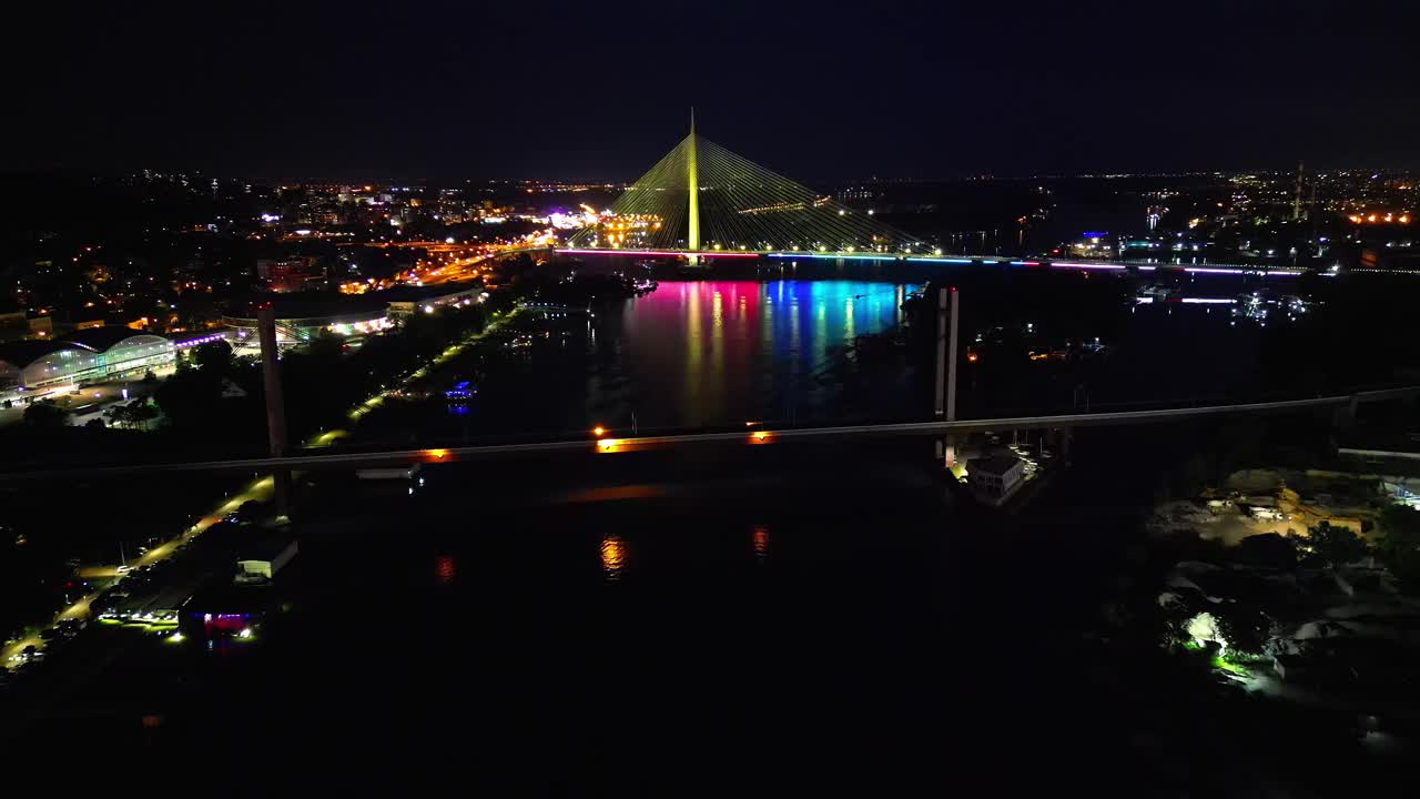 无人机在夜晚的贝尔格莱德上空飞行，飞过城市的河流，飞向闪闪发光的大桥视频素材