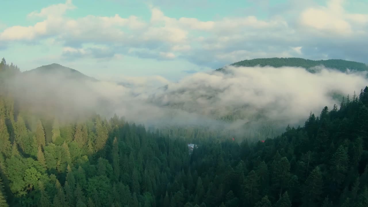 在这宁静的风景中，享受令人叹为观止的云雾山林的空中视角视频素材