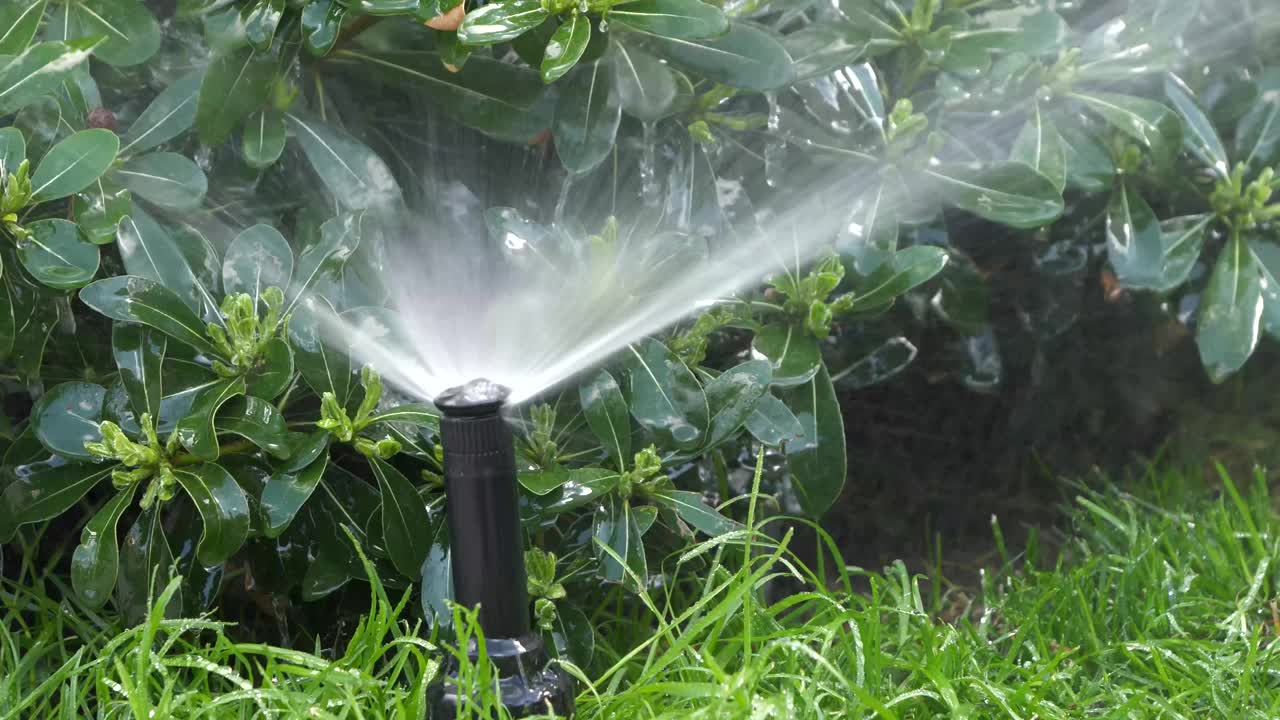 一个花园洒水器在近距离观察植物视频素材