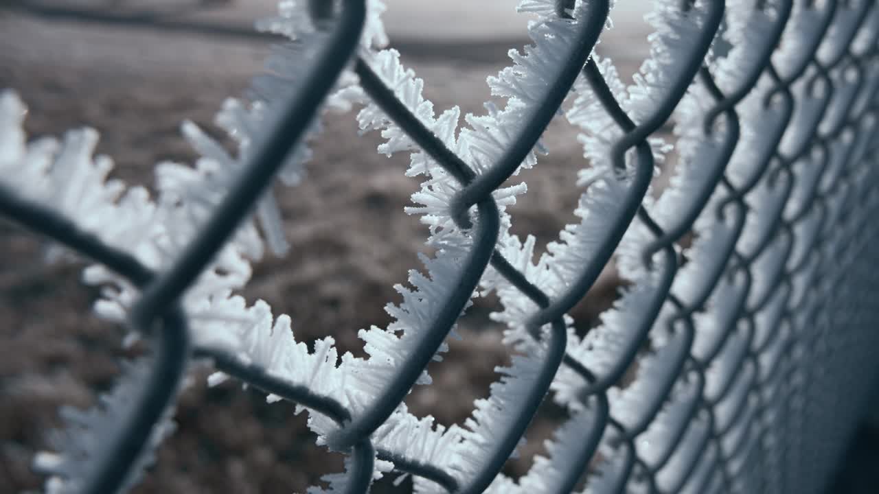 冬天被雪霜覆盖的金属栅栏视频下载