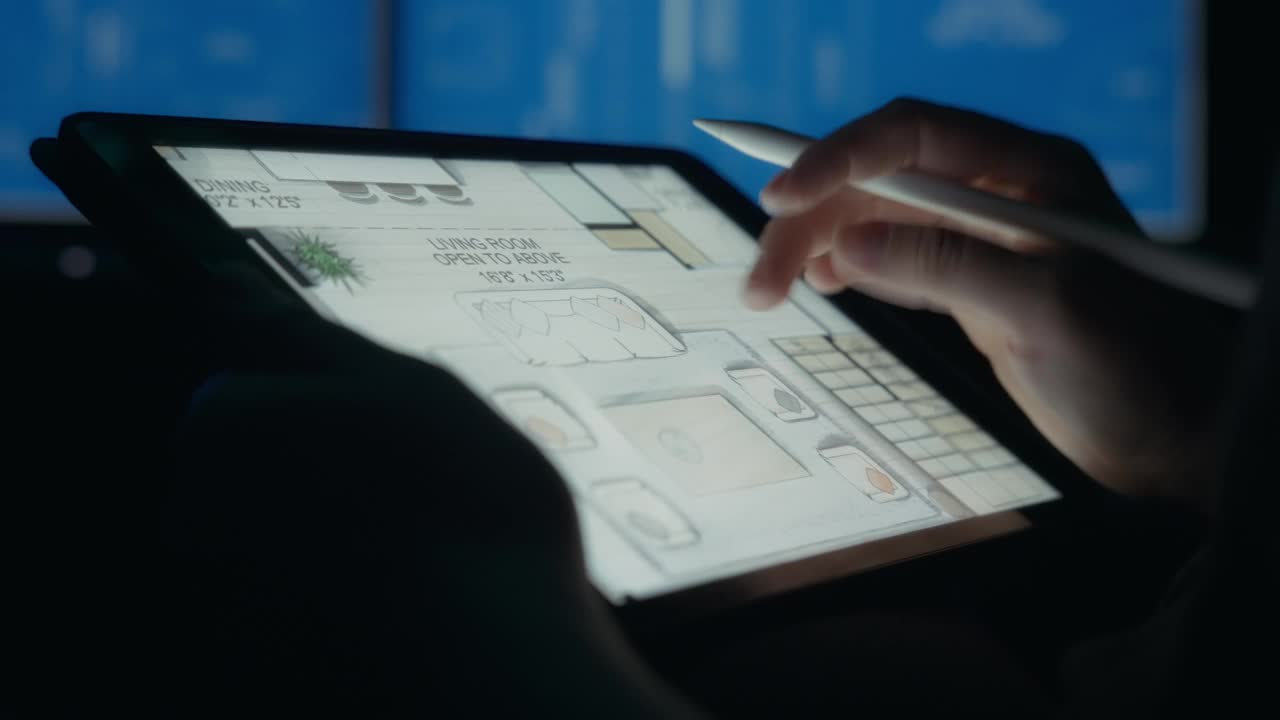设计师用写字板在房屋平面图上作画视频素材
