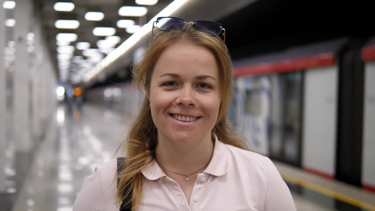 一个微笑的女人在地铁站的特写肖像。视频下载