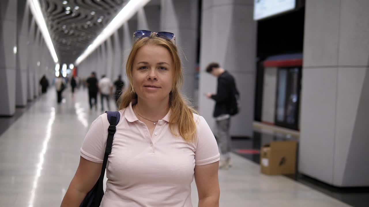 地铁站里一个背着背包的中年妇女的画像。视频下载