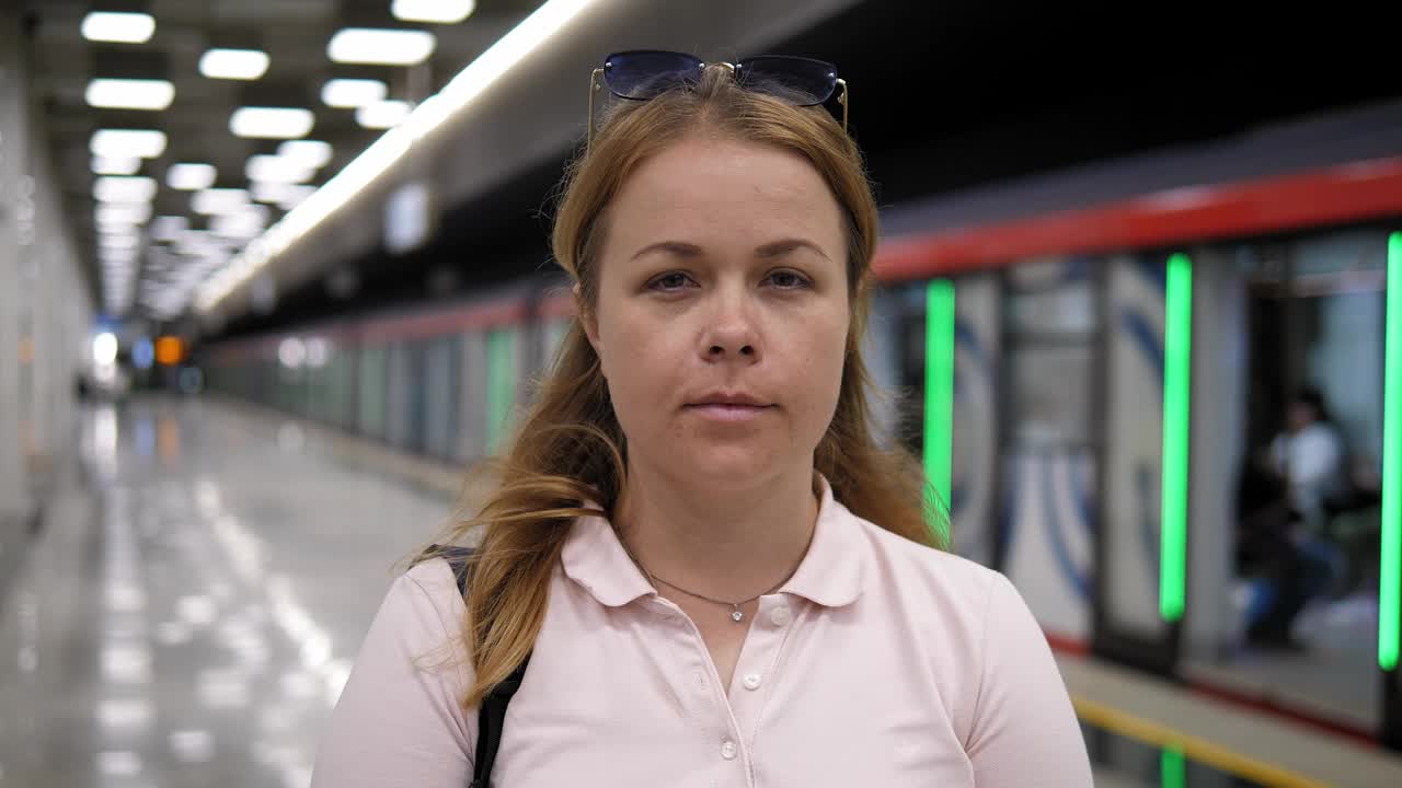 一个微笑的女人在地铁站的特写肖像。视频下载