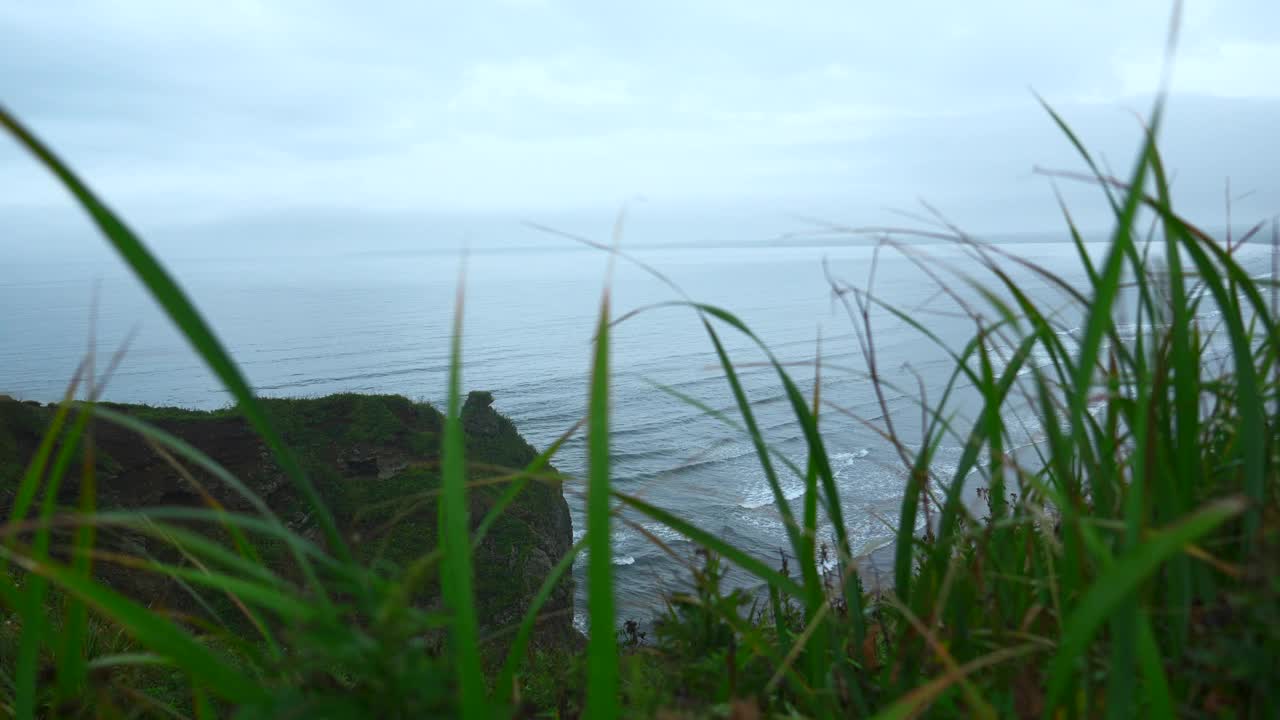 海景峭壁上美丽的绿草。夹。景观的岩石海岸与绿色的草和海洋地平线在阴天。从山海岸到美丽的海浪在夏天的一天视频素材