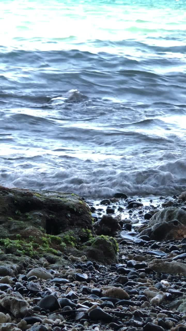 在菲律宾南部的热带海滩上，稳定、垂直的海浪缓缓地滚向海岸。视频素材