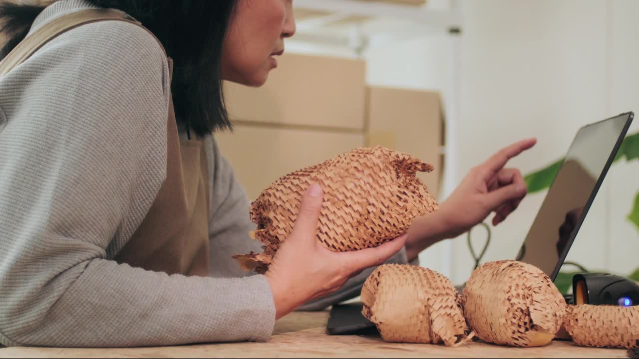 近距离组装箱，将环保包装材料放入纸箱运输，强调可持续包装视频素材