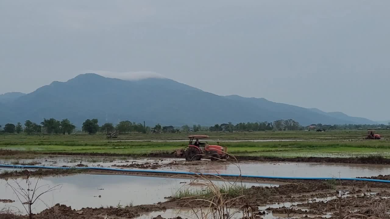 拖拉机在稻田与山景视频素材