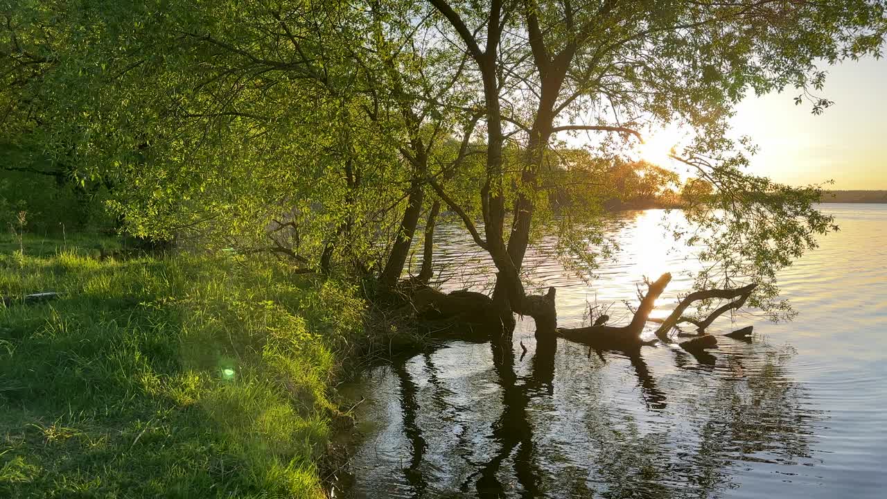 湖上的夕阳。令人敬畏的日落与戏剧性的云在海上的天空。自然中的湖泊。视频下载