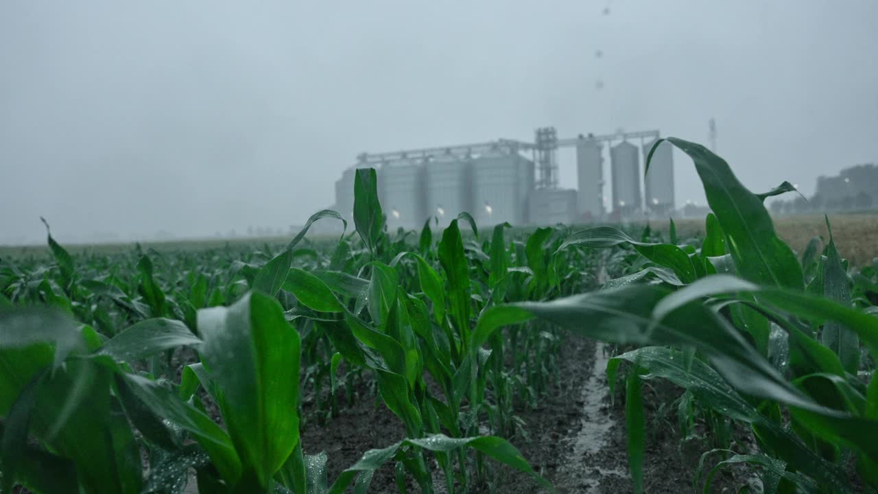 在绚丽的天空下，雨滴落在玉米的绿叶上，背景是谷仓视频素材