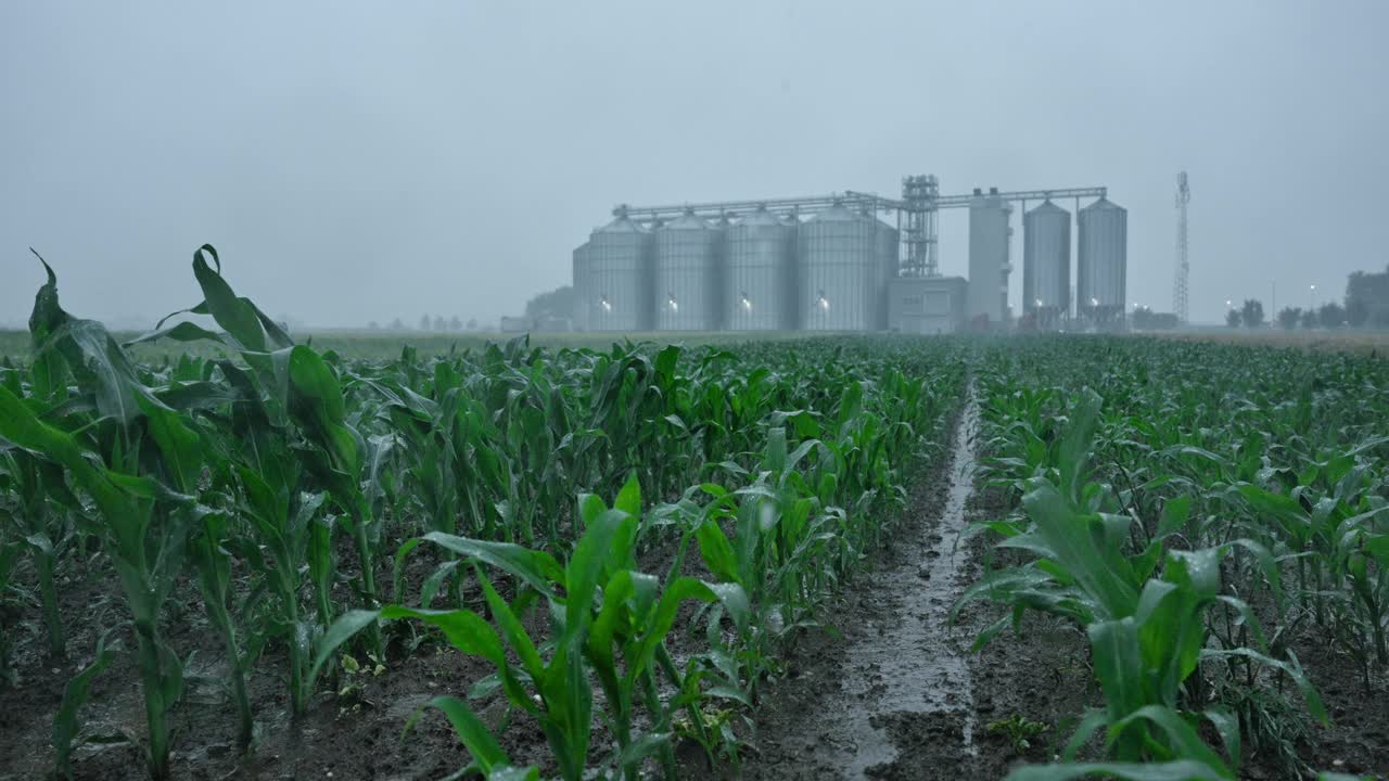 大雨落在绿色的玉米上，大谷仓的背景是戏剧性的天空视频素材