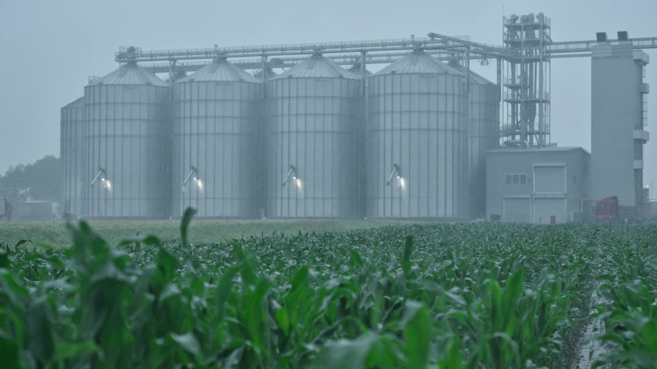 暴雨期间，大雨落在农村的绿色玉米植株和大型粮仓上视频素材