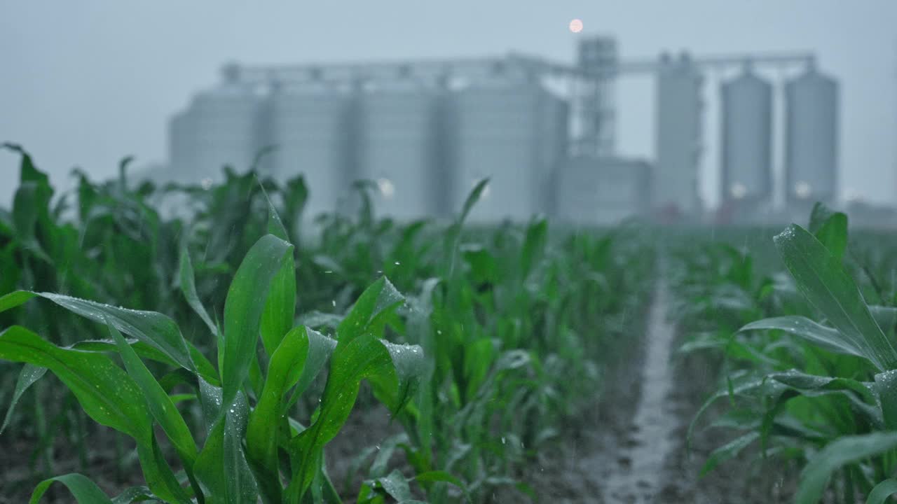 暴风雨期间，暴雨落在谷仓背景下的绿色玉米上视频素材