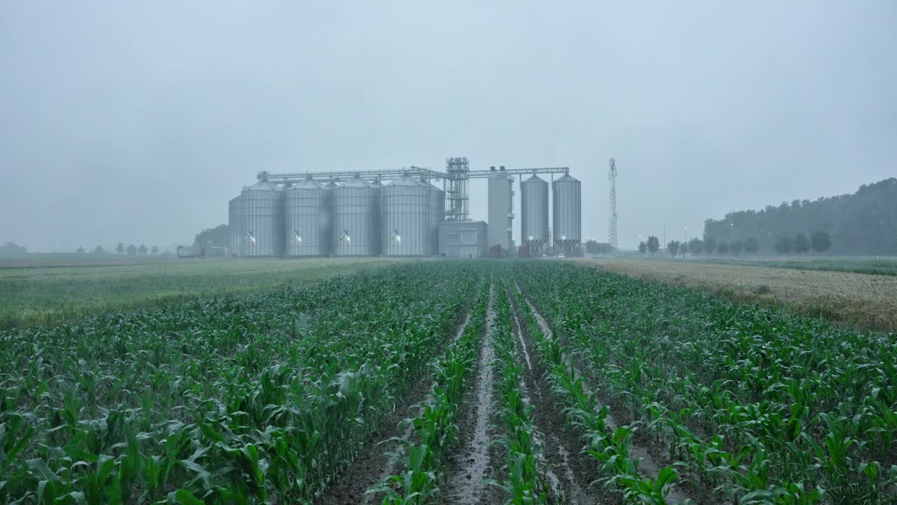 暴雨落在玉米地里，背景是谷仓视频素材