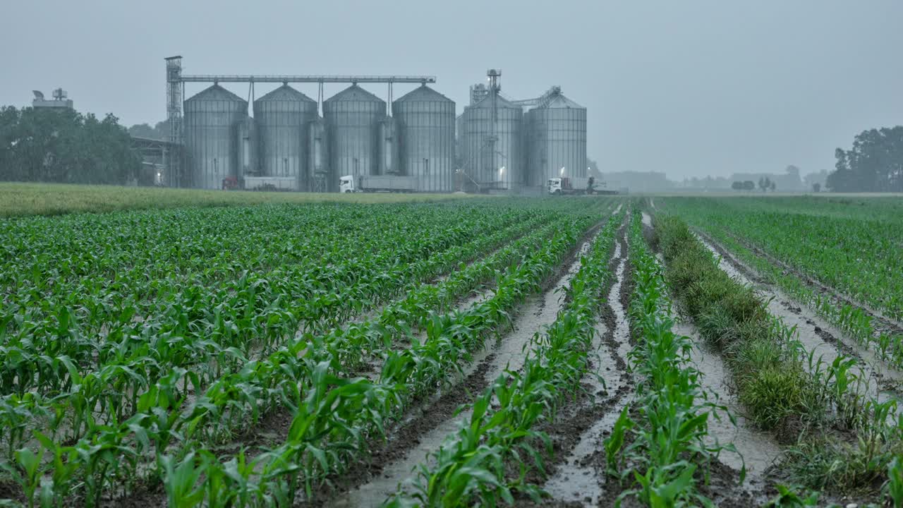 暴风雨期间，暴雨落在玉米幼苗上，背景是银色的筒仓视频素材